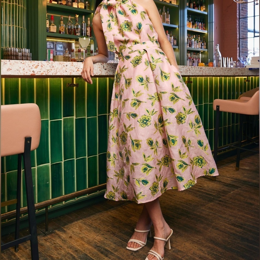 Abbey Glass Eden Midi Skirt Pink Tropical Tulip Jacquard